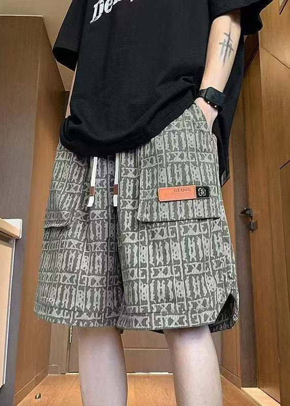 Print Shorts Waist Pockets Cotton Elastic Green Stylish