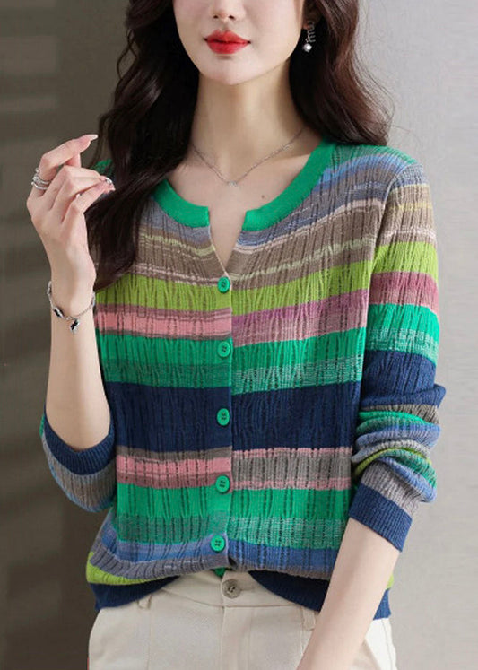 Stylish Green Striped Button Thin Knit Sweater Spring Tf028