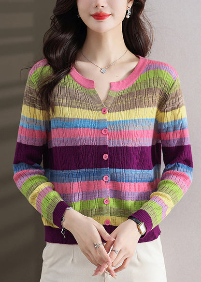 Stylish Green Striped Button Thin Knit Sweater Spring Tf028