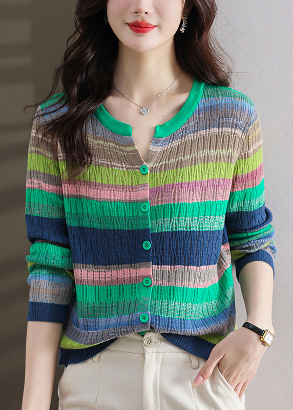 Stylish Green Striped Button Thin Knit Sweater Spring Tf028