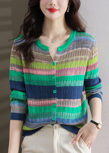 Stylish Green Striped Button Thin Knit Sweater Spring Tf028