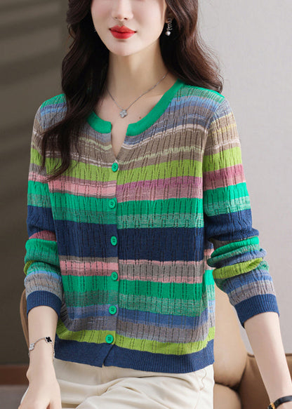 Stylish Green Striped Button Thin Knit Sweater Spring Tf028