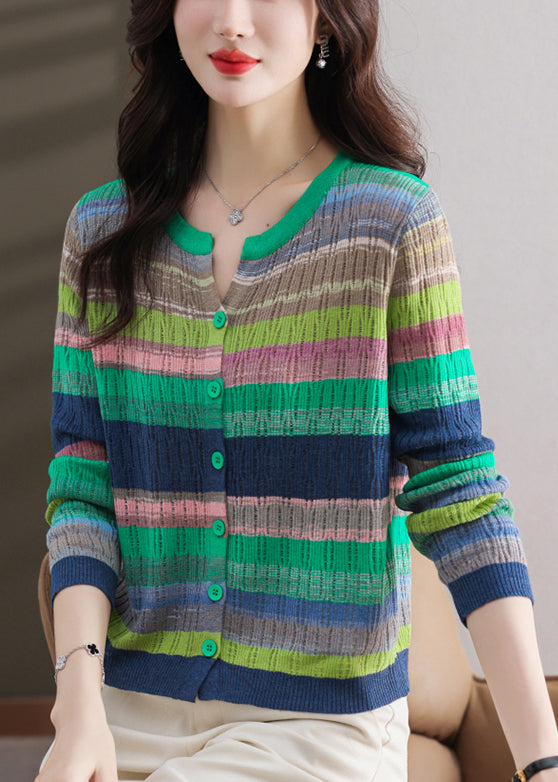 Stylish Green Striped Button Thin Knit Sweater Spring Tf028