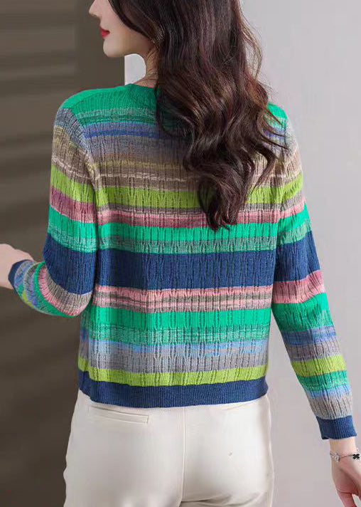 Stylish Green Striped Button Thin Knit Sweater Spring Tf028