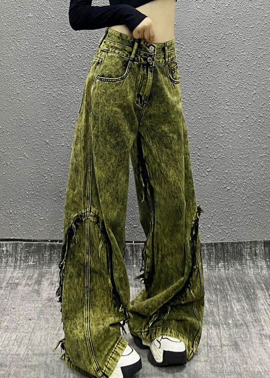 Stylish Green Tasseled Patchwork Denim Wide Leg Pants Fall Wp058