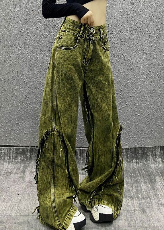 Stylish Green Tasseled Patchwork Denim Wide Leg Pants Fall Wp058