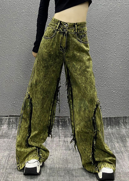 Stylish Green Tasseled Patchwork Denim Wide Leg Pants Fall Wp058