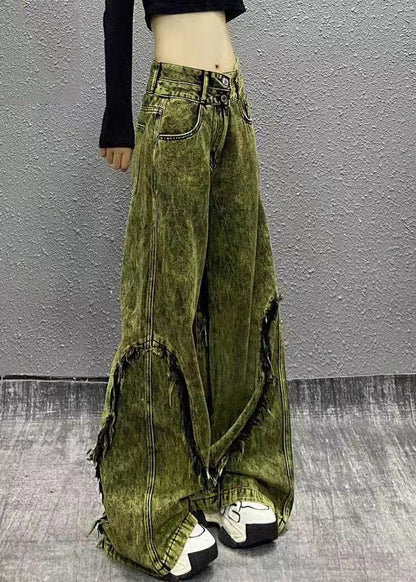 Stylish Green Tasseled Patchwork Denim Wide Leg Pants Fall Wp058