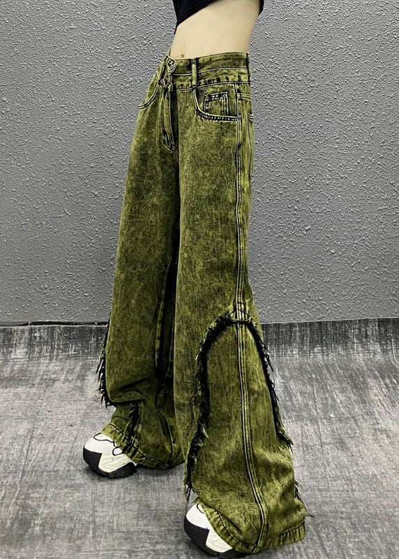 Stylish Green Tasseled Patchwork Denim Wide Leg Pants Fall Wp058