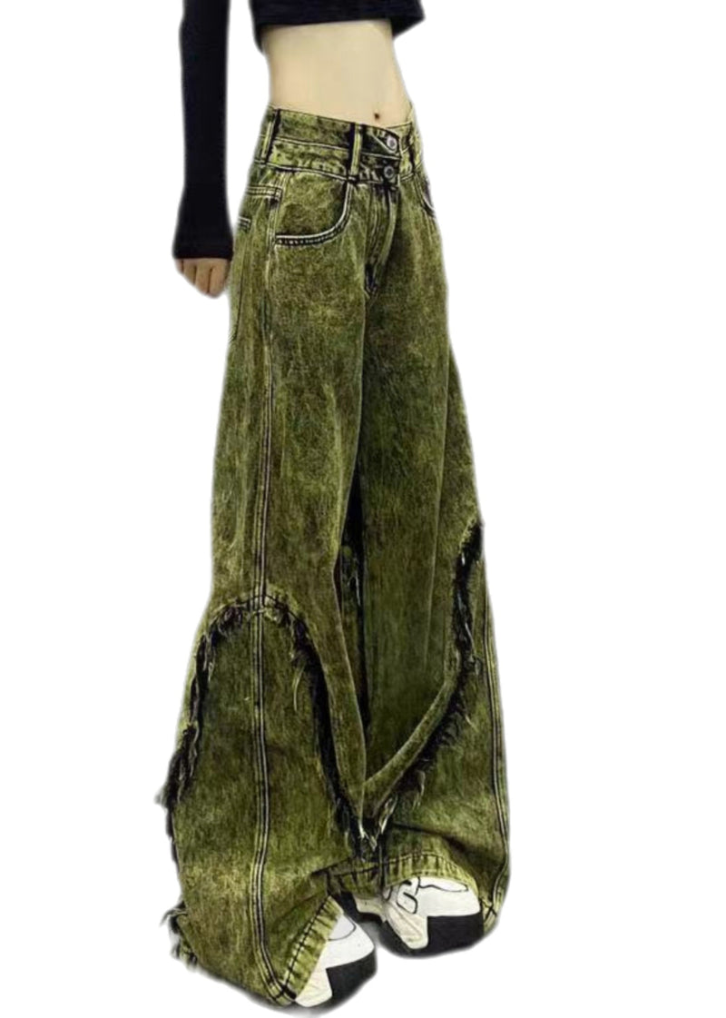 Stylish Green Tasseled Patchwork Denim Wide Leg Pants Fall Wp058