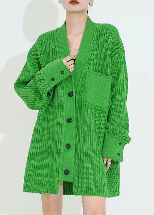 Stylish Green V Neck Button Patchwork Woolen Cardigan Fall Wn038