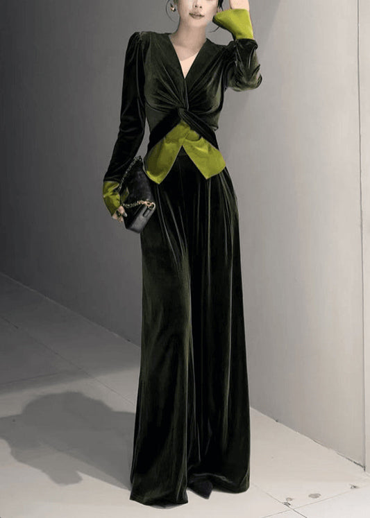 Stylish Leg Top Velvet Cinched Green Wide Silk Pants and V Neck