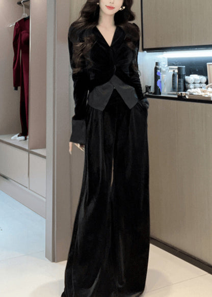 Stylish Leg Top Velvet Cinched Green Wide Silk Pants and V Neck