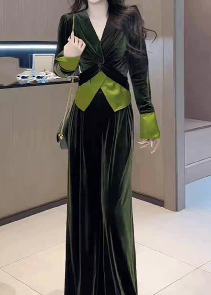 Stylish Leg Top Velvet Cinched Green Wide Silk Pants and V Neck