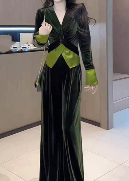 Stylish Leg Top Velvet Cinched Green Wide Silk Pants and V Neck