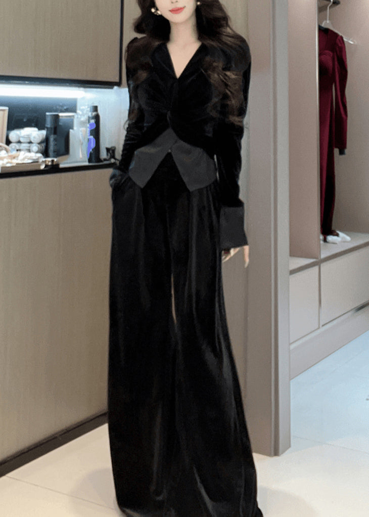 Stylish Leg Top Velvet Cinched Green Wide Silk Pants and V Neck