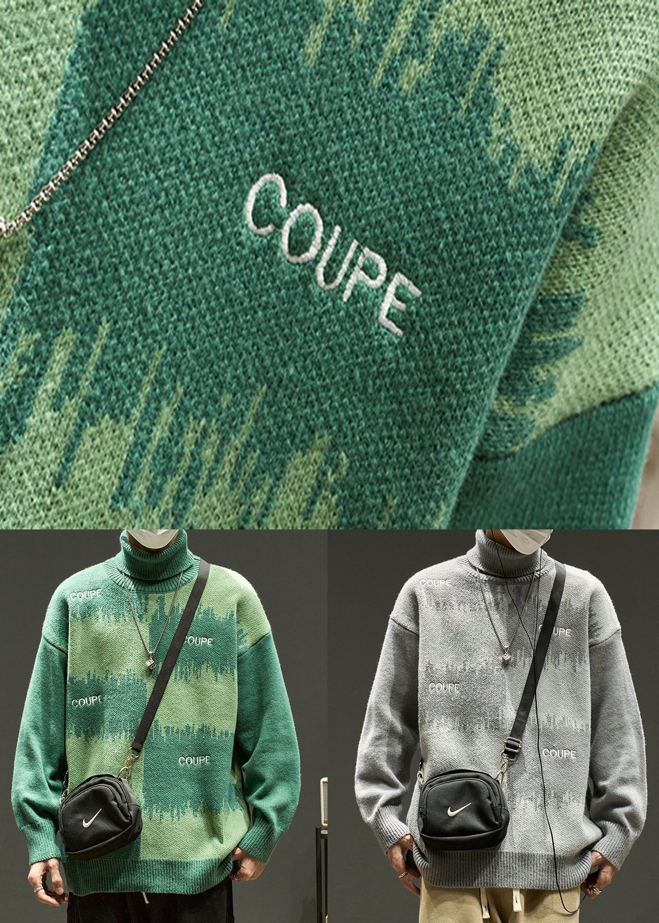Green Letter Loose Knit Sweater Turtleneck Winter Rj042