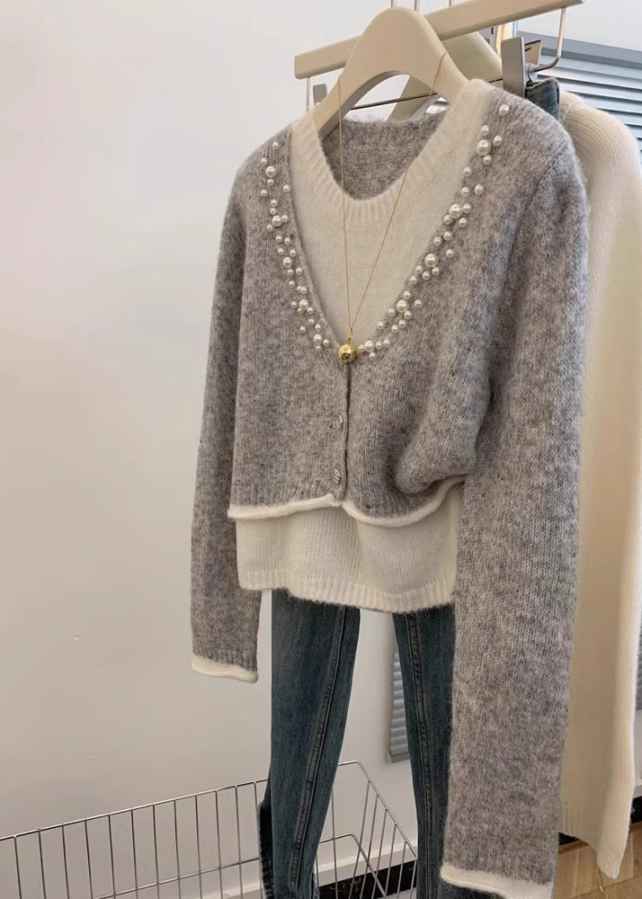 Stylish Grey Pearl False Two Pieces Knit Sweaters Winter Wx016