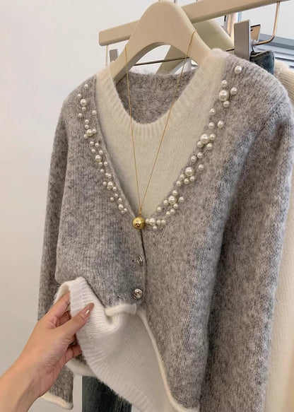 Stylish Grey Pearl False Two Pieces Knit Sweaters Winter Wx016