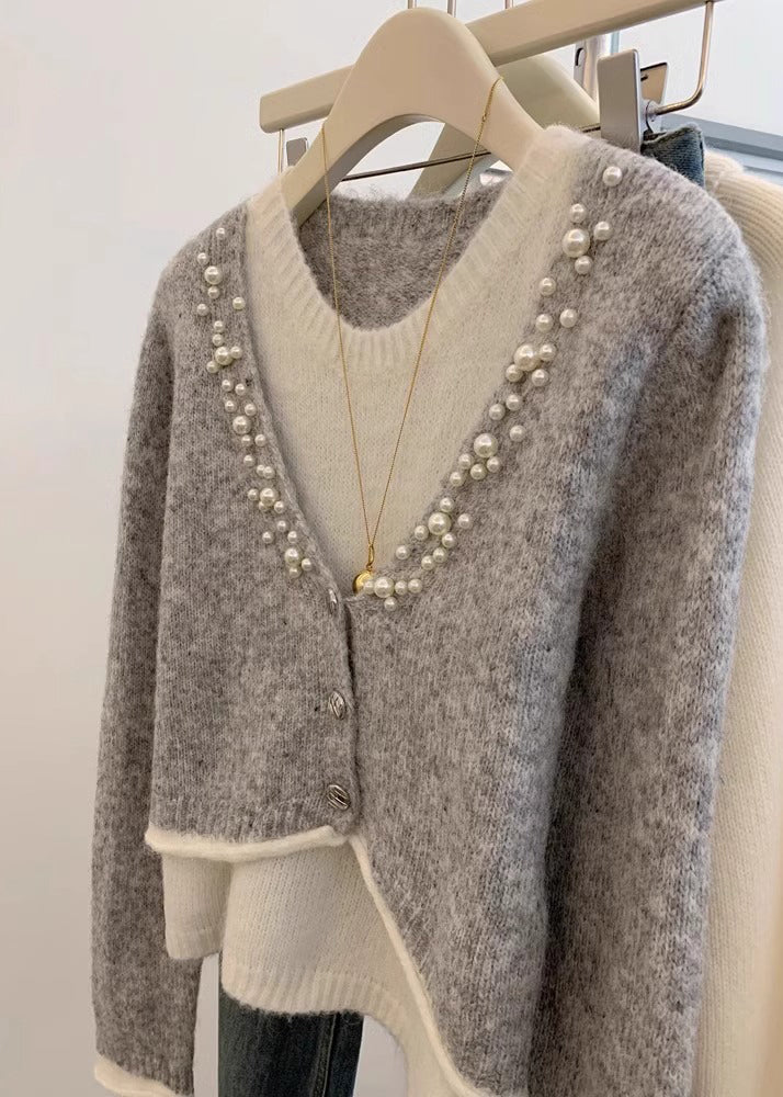 Stylish Grey Pearl False Two Pieces Knit Sweaters Winter Wx016