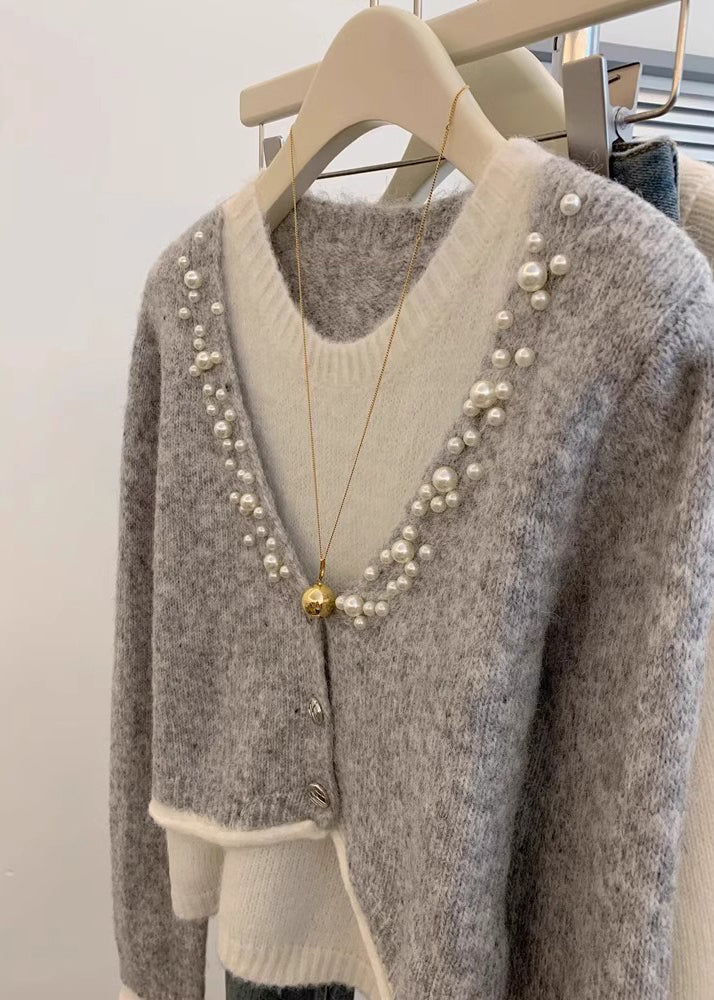 Stylish Grey Pearl False Two Pieces Knit Sweaters Winter Wx016