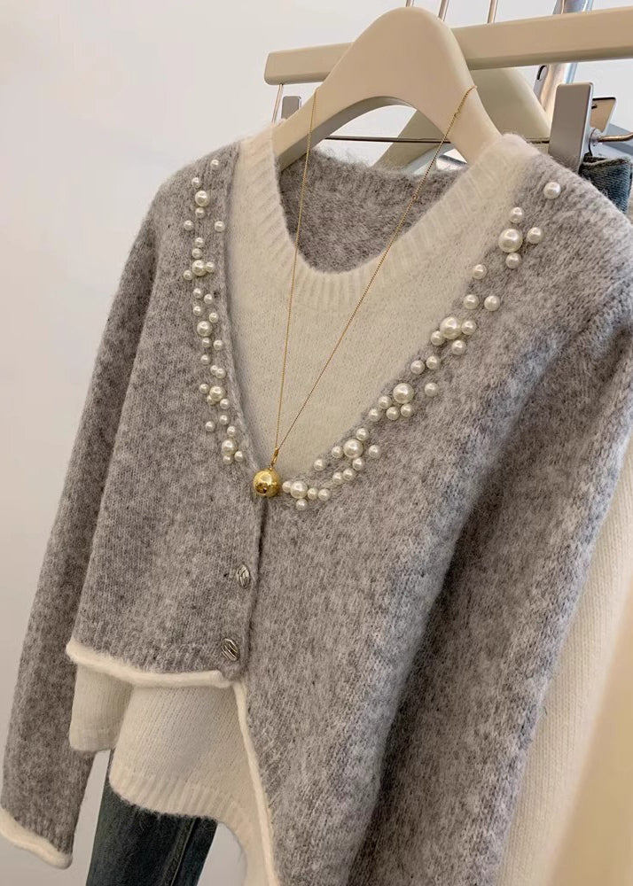Stylish Grey Pearl False Two Pieces Knit Sweaters Winter Wx016