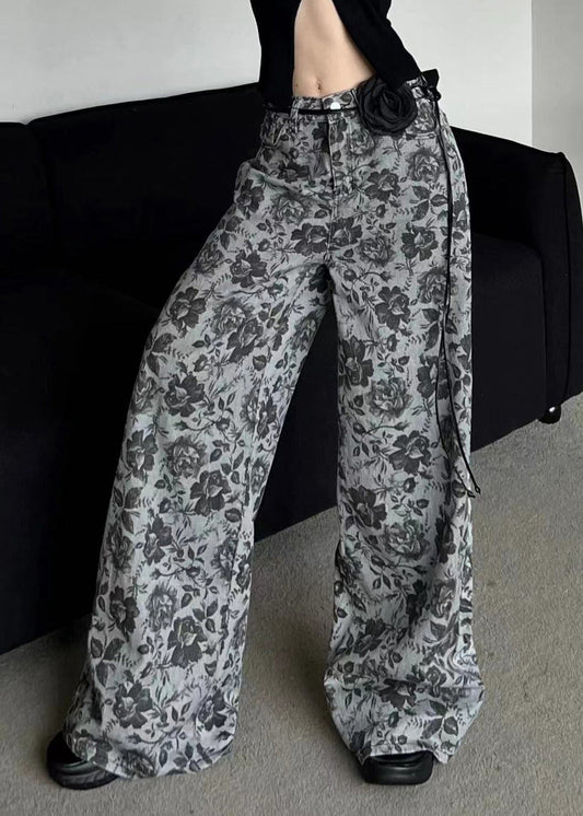 Stylish Grey Print Pockets Denim Wide Leg Pants Fall Qk001