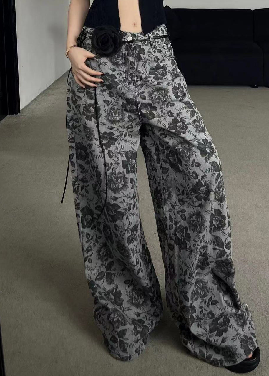 Stylish Grey Print Pockets Denim Wide Leg Pants Fall Qk001