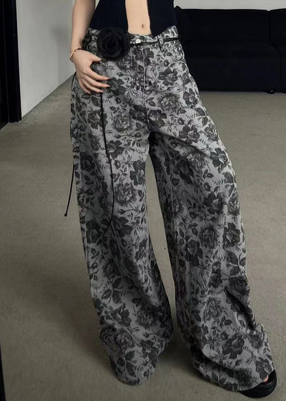 Stylish Grey Print Pockets Denim Wide Leg Pants Fall Qk001