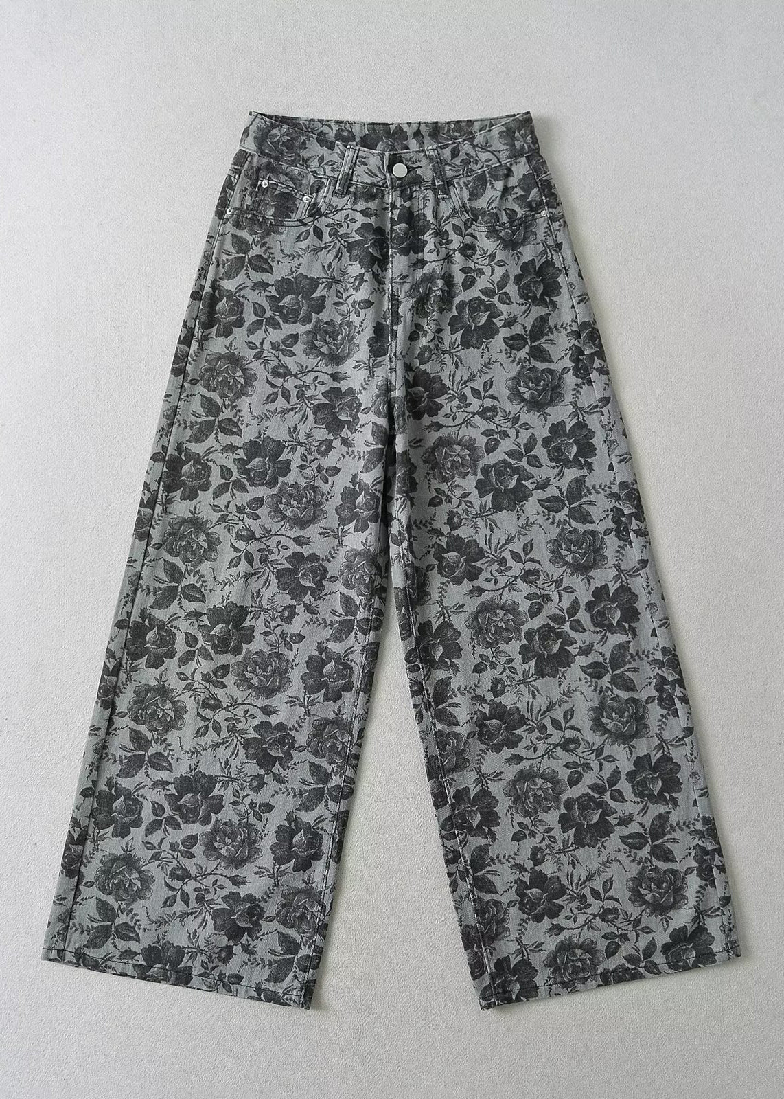 Stylish Grey Print Pockets Denim Wide Leg Pants Fall Qk001