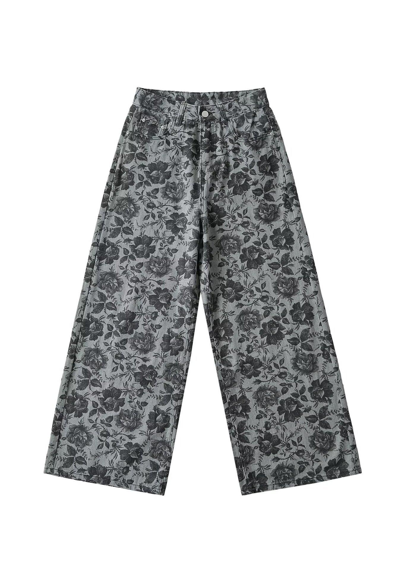Stylish Grey Print Pockets Denim Wide Leg Pants Fall Qk001