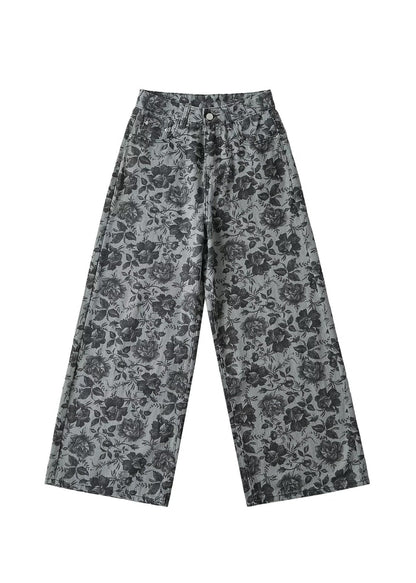 Stylish Grey Print Pockets Denim Wide Leg Pants Fall Qk001
