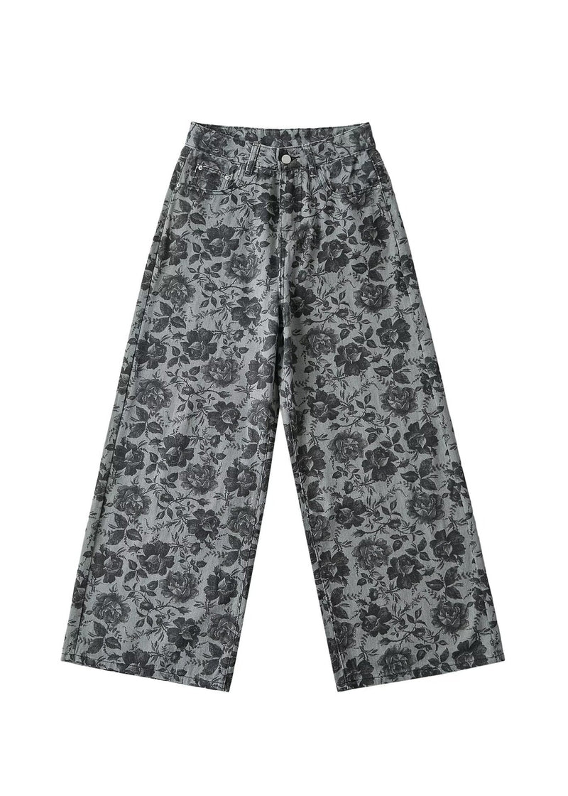 Stylish Grey Print Pockets Denim Wide Leg Pants Fall Qk001