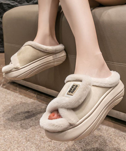Stylish Khaki Fuzzy Fur Slippers Shoes Platform Wt015