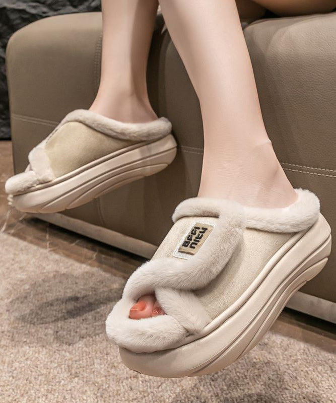 Stylish Khaki Fuzzy Fur Slippers Shoes Platform Wt015