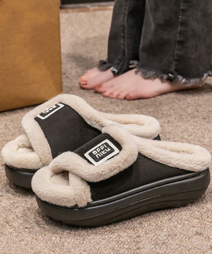 Stylish Khaki Fuzzy Fur Slippers Shoes Platform Wt015