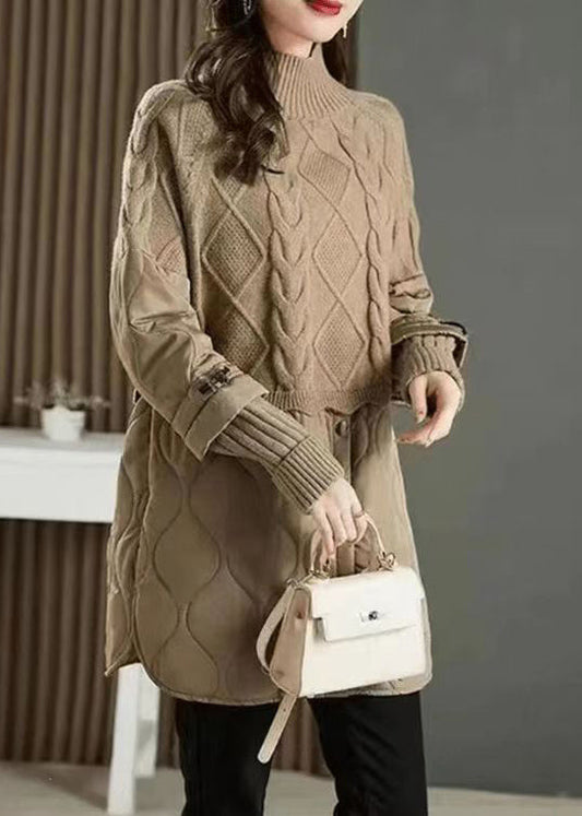 Stylish Khaki High Neck Thick Patchwork Knit Sweaters Fall Ql045