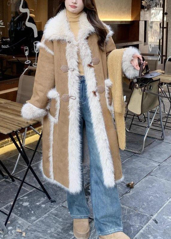 Stylish Khaki Pockets Patchwork Leather and Fur Warm Fleece Coat Winter Yy011
