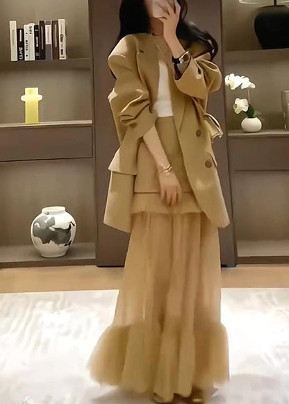 Stylish Khaki Suit Coat and Skirts Two Pieces Set Spring Yz017
