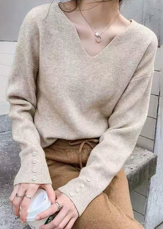 Stylish Khaki V Neck Knit Sweater Spring Tf002
