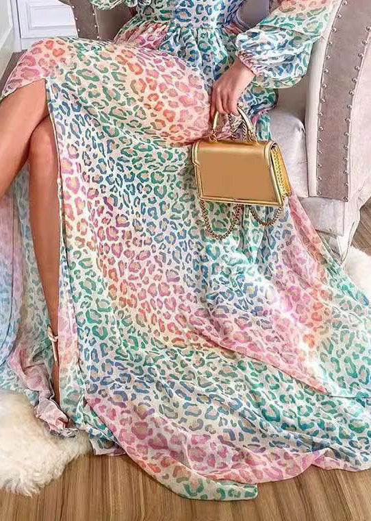 Stylish Leopard V Neck Side Open Cotton Long Dress Lantern Sleeve Qr028