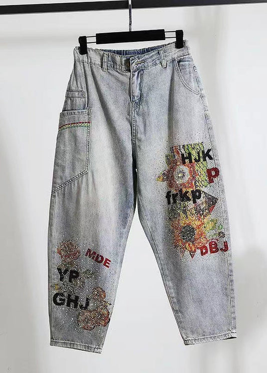 Stylish Light Blue Embroidered Pockets Zircon Denim Pants Spring Qq1022