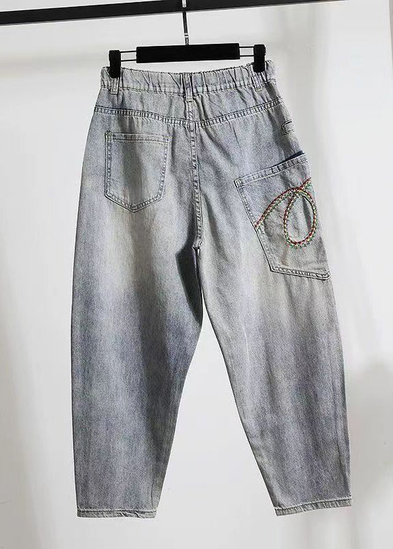 Stylish Light Blue Embroidered Pockets Zircon Denim Pants Spring Qq1022