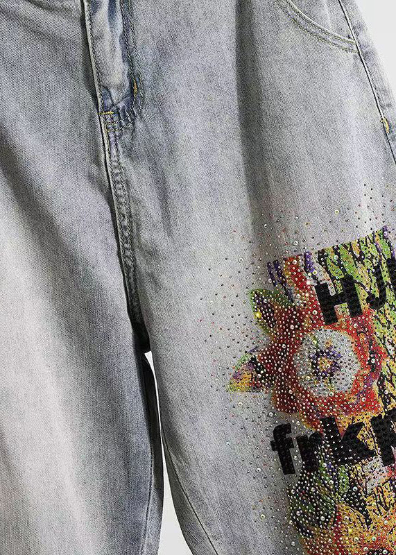 Stylish Light Blue Embroidered Pockets Zircon Denim Pants Spring Qq1022