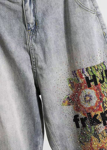 Stylish Light Blue Embroidered Pockets Zircon Denim Pants Spring Qq1022