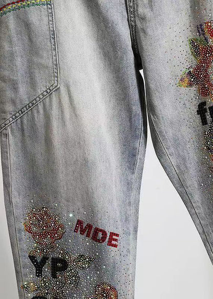 Stylish Light Blue Embroidered Pockets Zircon Denim Pants Spring Qq1022