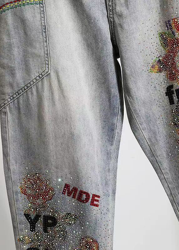 Stylish Light Blue Embroidered Pockets Zircon Denim Pants Spring Qq1022