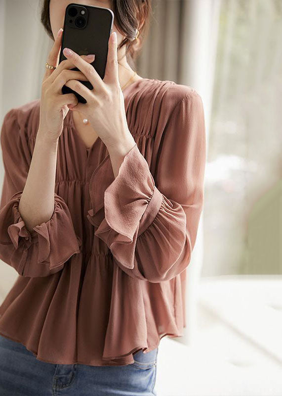Stylish Light Brown V Neck Wrinkled Patchwork Cotton Blouse Top Spring Tz037