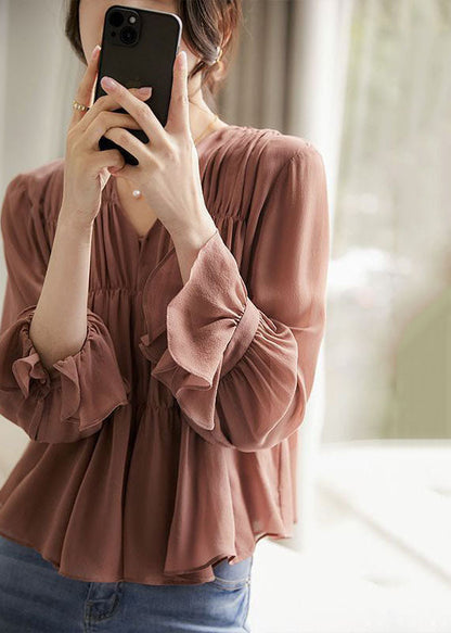 Stylish Light Brown V Neck Wrinkled Patchwork Cotton Blouse Top Spring Tz037