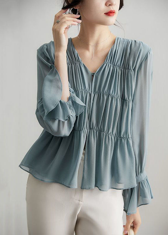 Stylish Light Brown V Neck Wrinkled Patchwork Cotton Blouse Top Spring Tz037